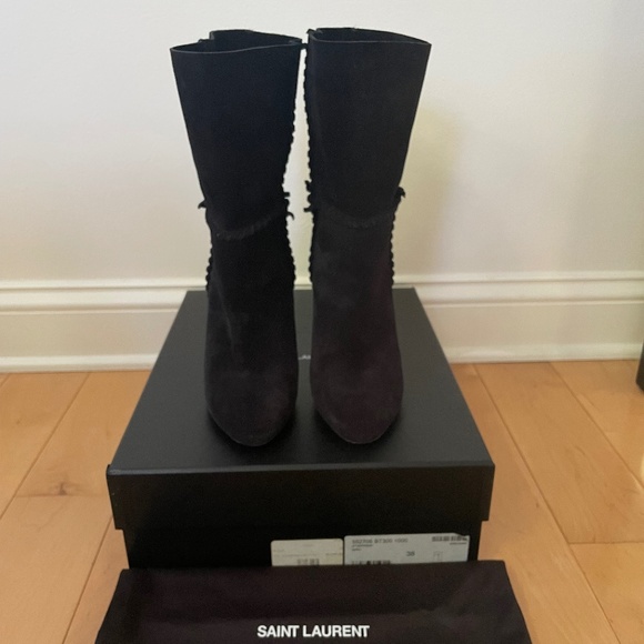 Saint Laurent Mica 105mm Black Suede Whipstitch Ankle Booties 38 IT - Picture 2 of 9